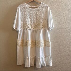 See by Chloe White and Cream Lace Cotton Knit Mini Tiered Dress Size Small